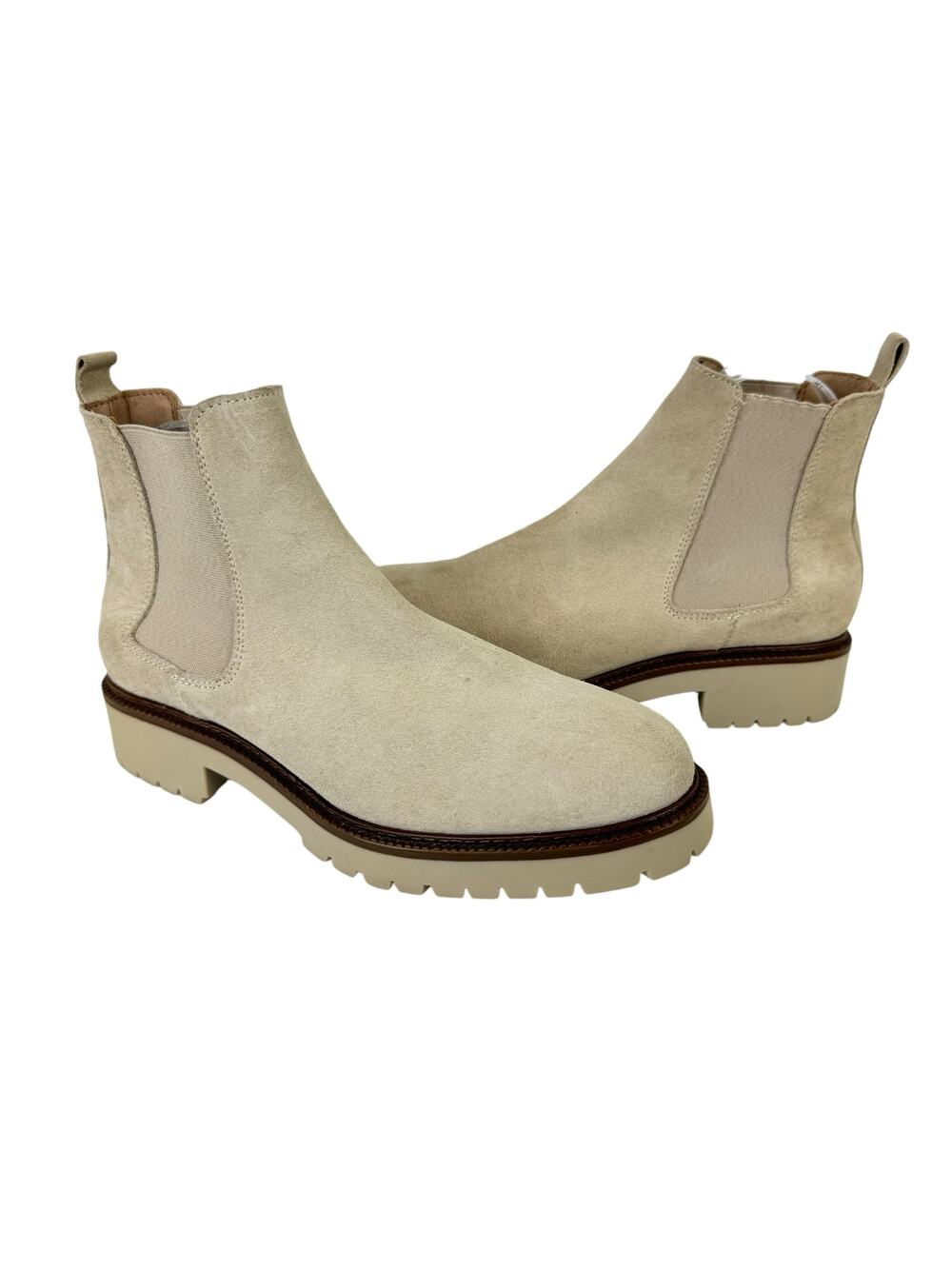 Enzo Tesoti Cream Suede Leather Pull On Lug Sole Chelsea Boots